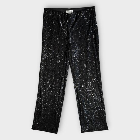 H AND M  NEW BLACK SEQUIN STRAIGHT LEG PANTS LARGE RECYCLED MATERIALS PARTY - Picture 3 of 7